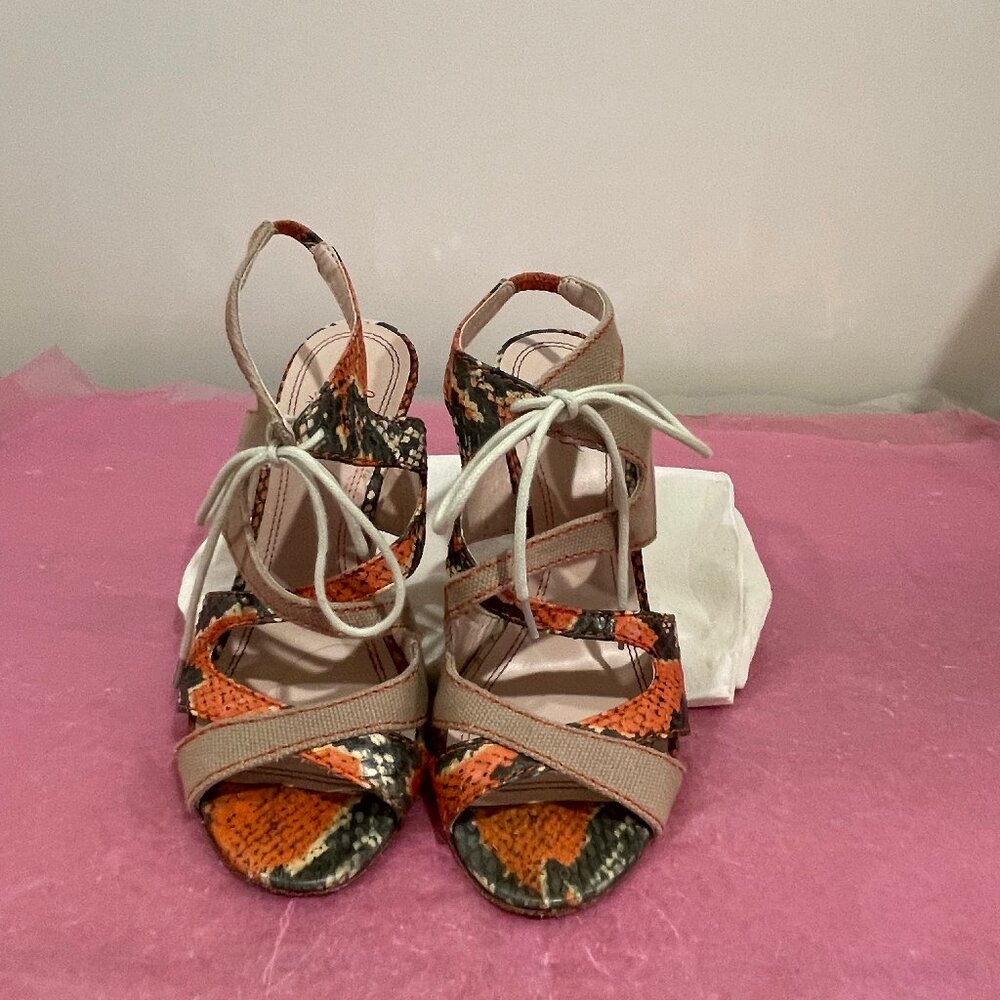 Plenty by Tray Reese  Linen and Snakeskin Print Leather High Heel Sandals